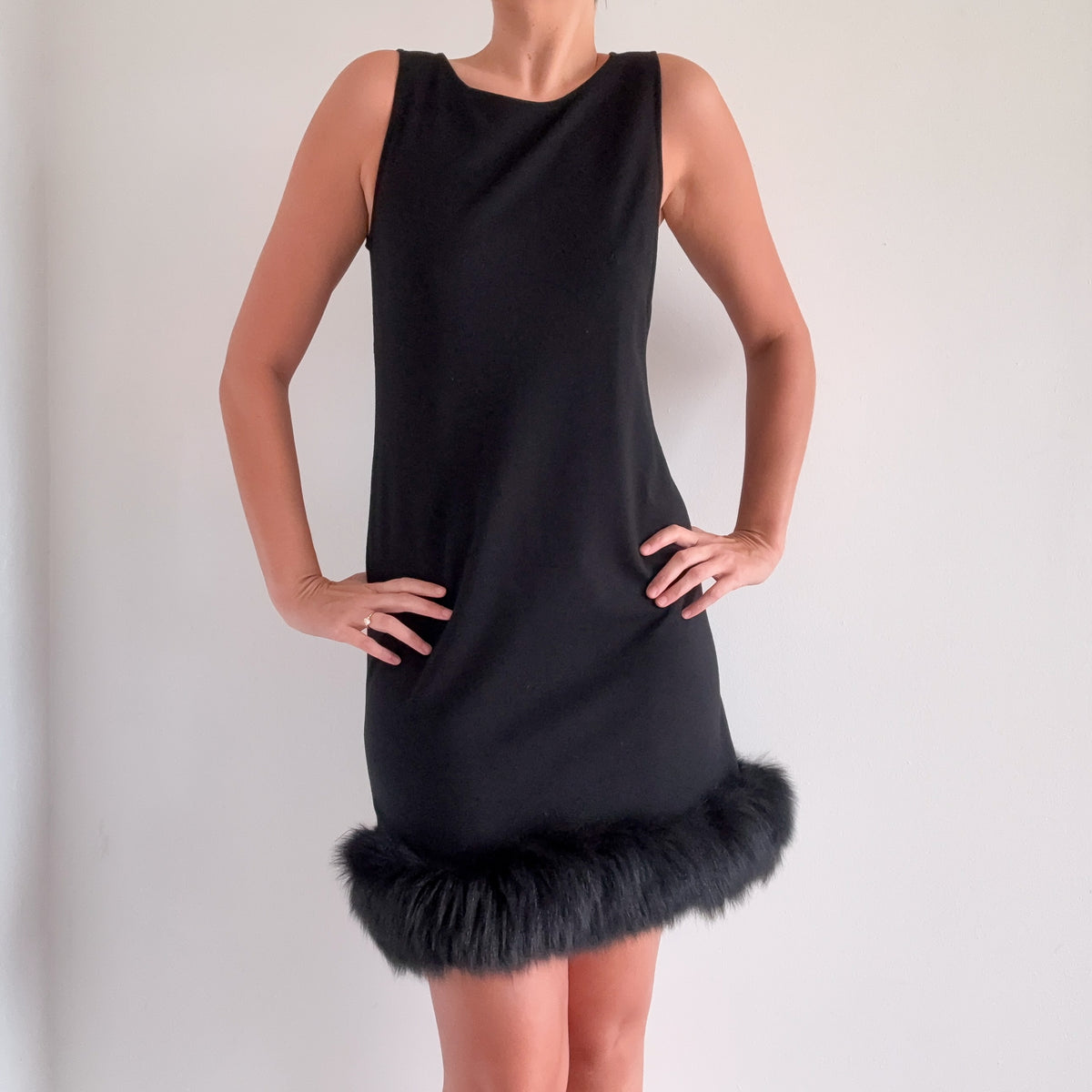 Y2K Black Fox Fur Shift Dress / SZ M