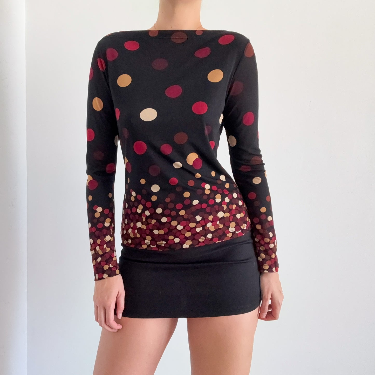Y2K Black & Maroon Dot Mesh Long Sleeve / SZ M