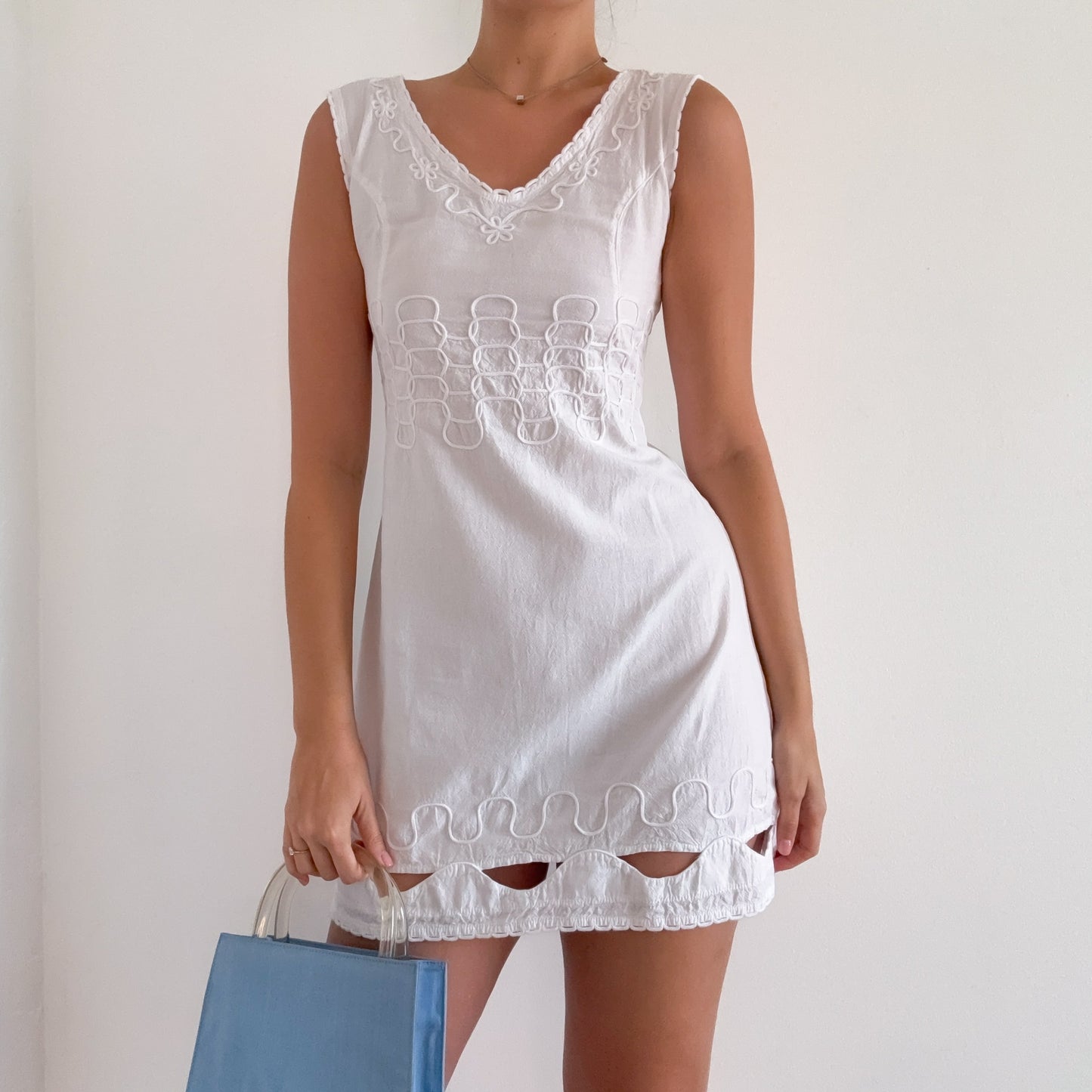 White Cotton Squiggle Cutout Mini Dress / SZ XS/S