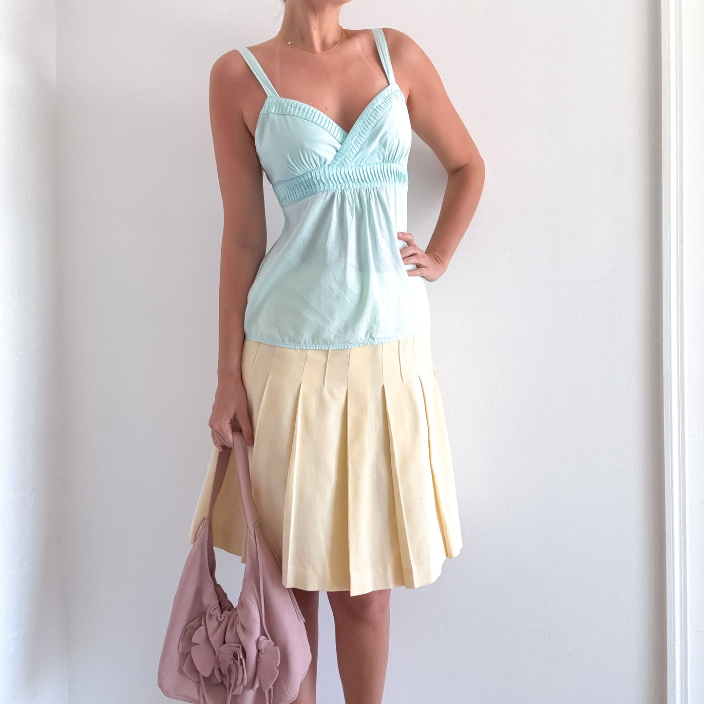 Y2K Pale Yellow Cotton Pleated Midi Skirt / SZ 2-6