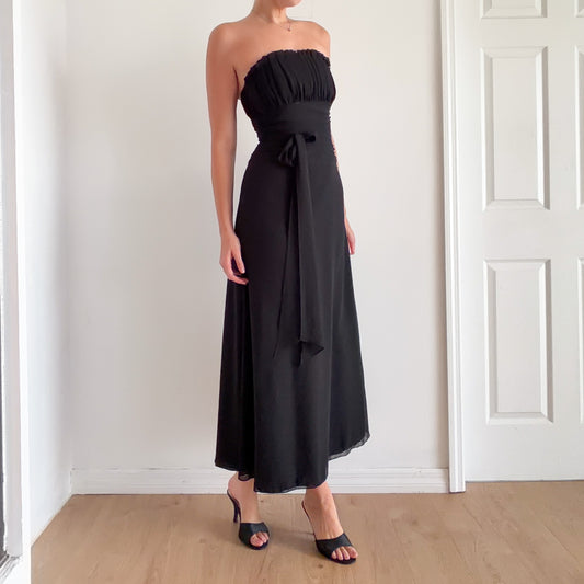 90's Black Ruched Sleeveless Gown / SZ 0/2