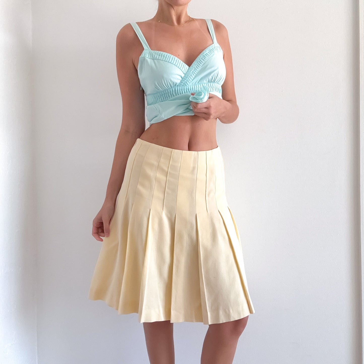 Y2K Pale Yellow Cotton Pleated Midi Skirt / SZ 2-6