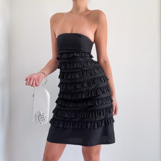 Y2K Black Silk Ruffle Tube Dress / SZ 0