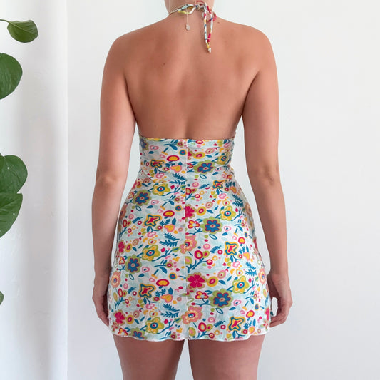 Y2K French White Multicolor Printed Mini Dress / SZ S