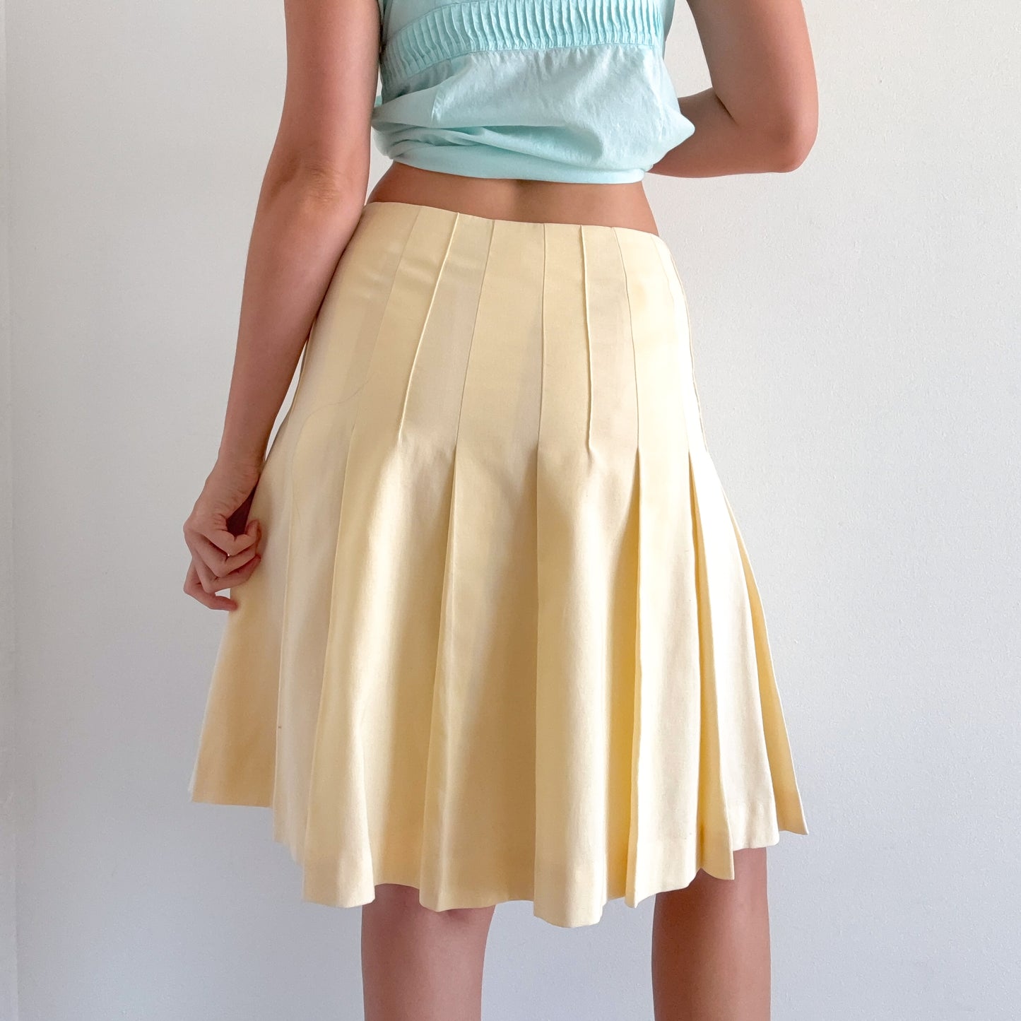 Y2K Pale Yellow Cotton Pleated Midi Skirt / SZ 2-6