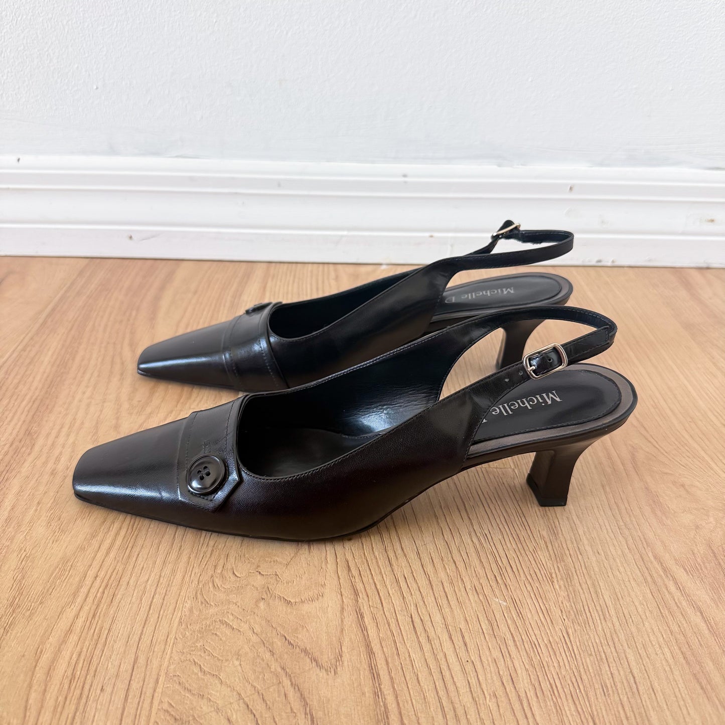 Y2K Black Leather Button Slingbacks / SZ 8