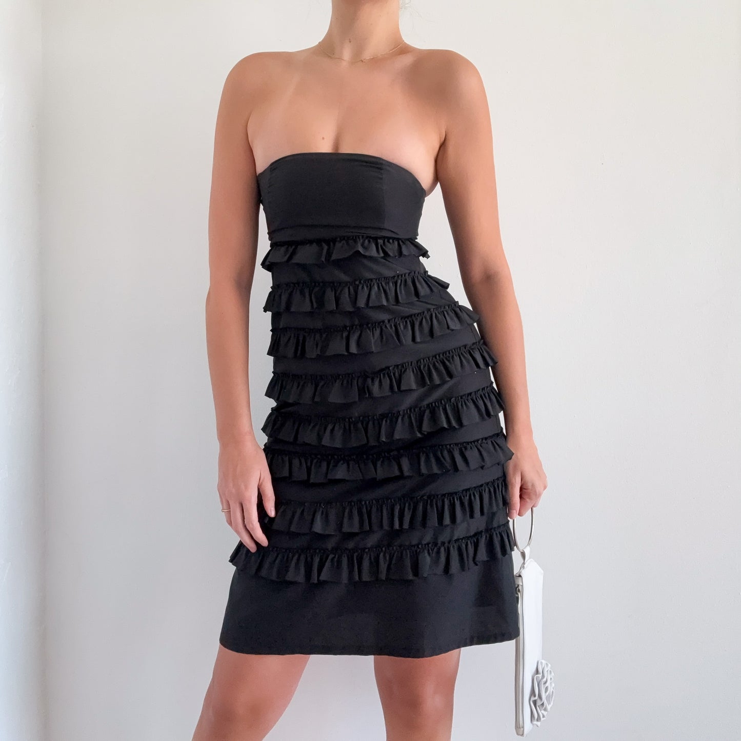 Y2K Black Silk Ruffle Tube Dress / SZ 0