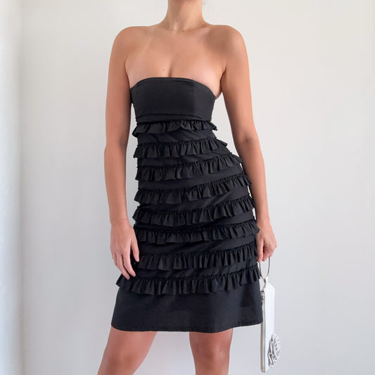 Y2K Black Silk Ruffle Tube Dress / SZ 0
