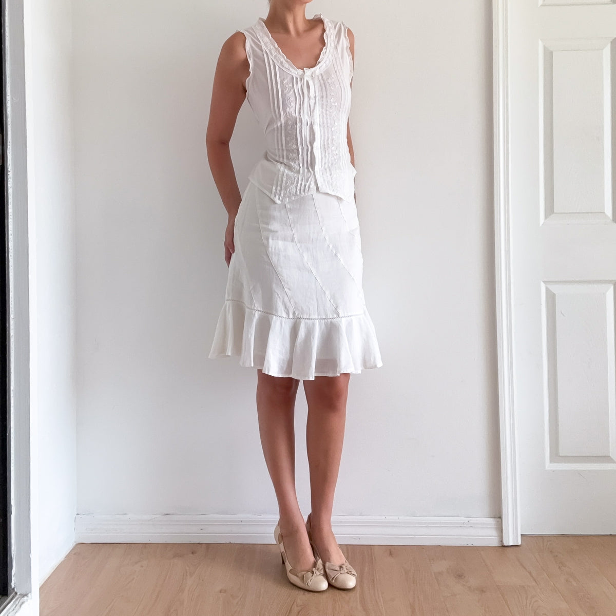 Y2K White Ramie Ruffle Midi Skirt / SZ 6