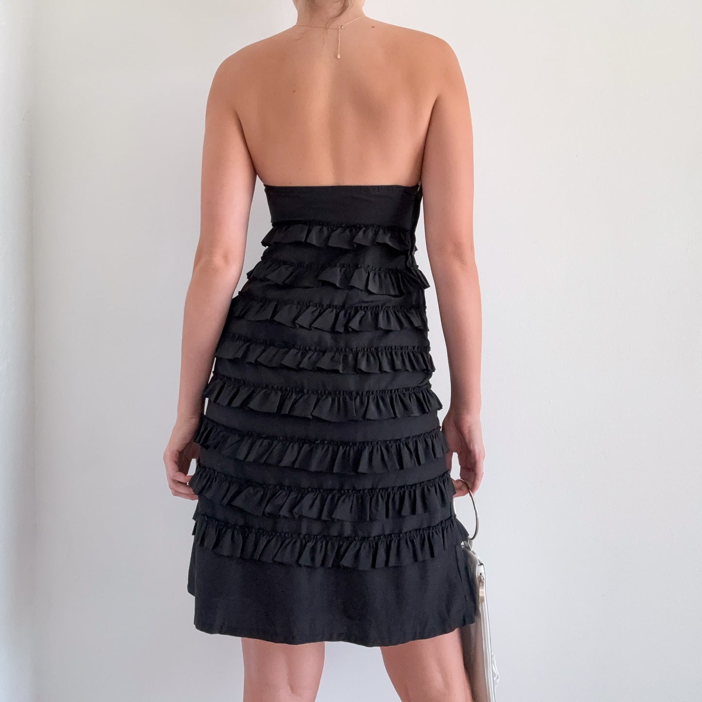 Y2K Black Silk Ruffle Tube Dress / SZ 0