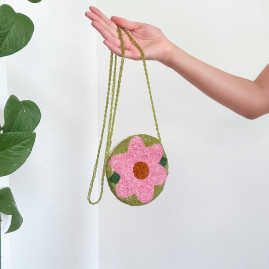 Y2K Green & Pink Flower Beaded Mini Purse