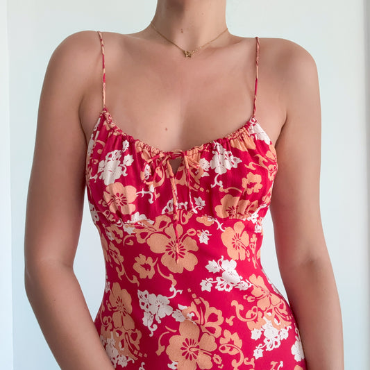 Y2K Red & Orange Rayon Floral Midi Dress / SZ S-M