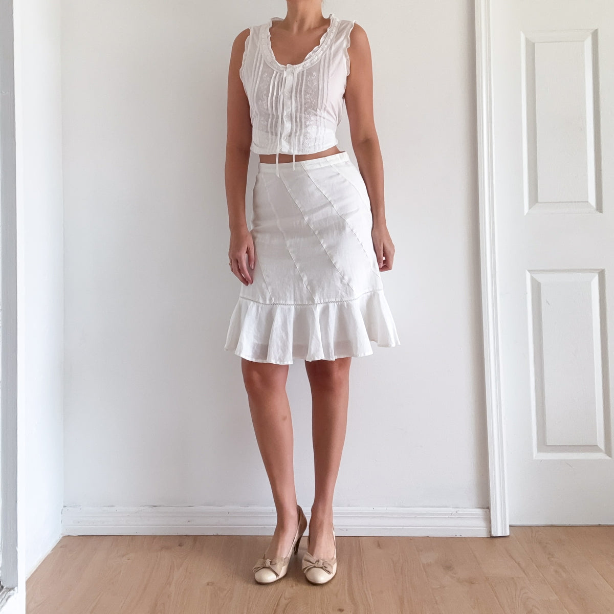 Y2K White Ramie Ruffle Midi Skirt / SZ 6