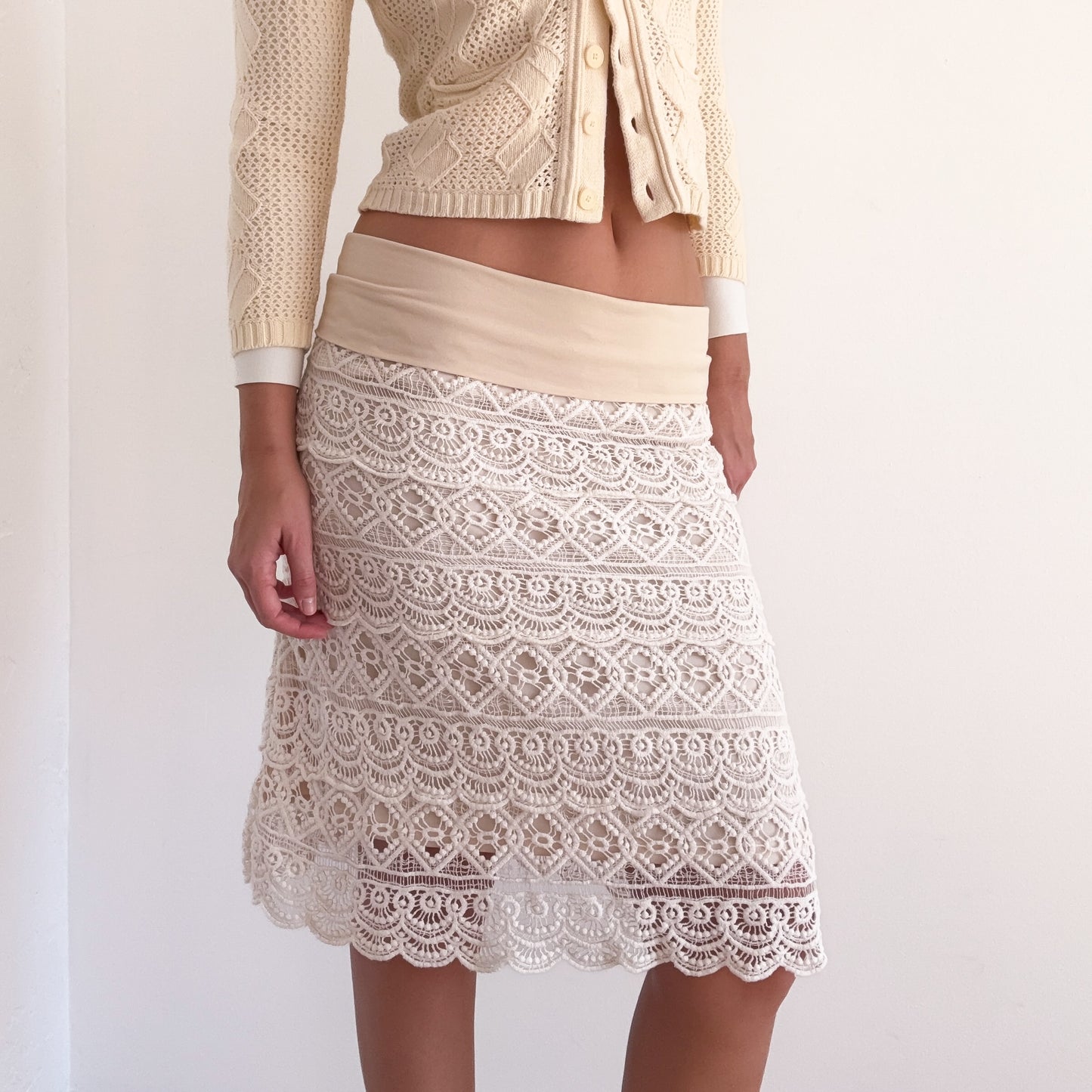 Y2K Cream Crochet Foldover Midi Skirt / SZ M