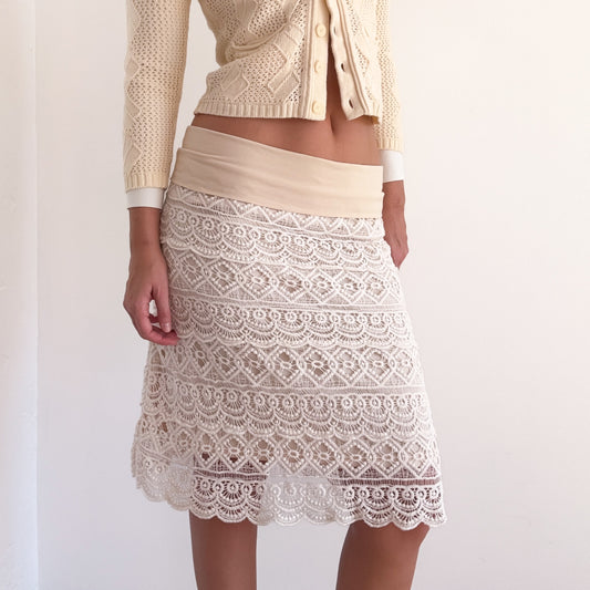 Y2K Cream Crochet Foldover Midi Skirt / SZ M