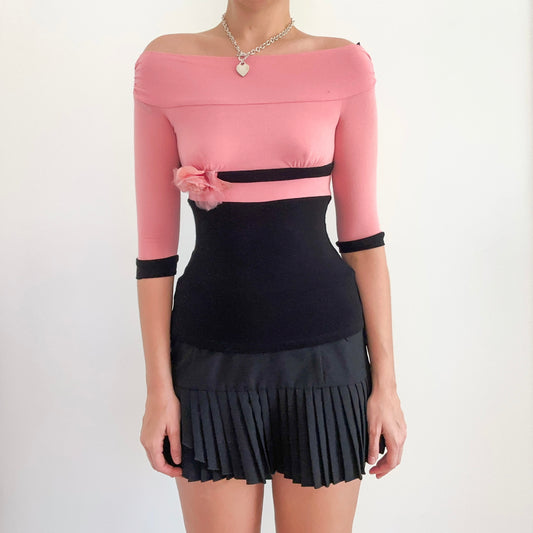 Y2K Bubblegum & Black Rosette Knit Top / SZ S