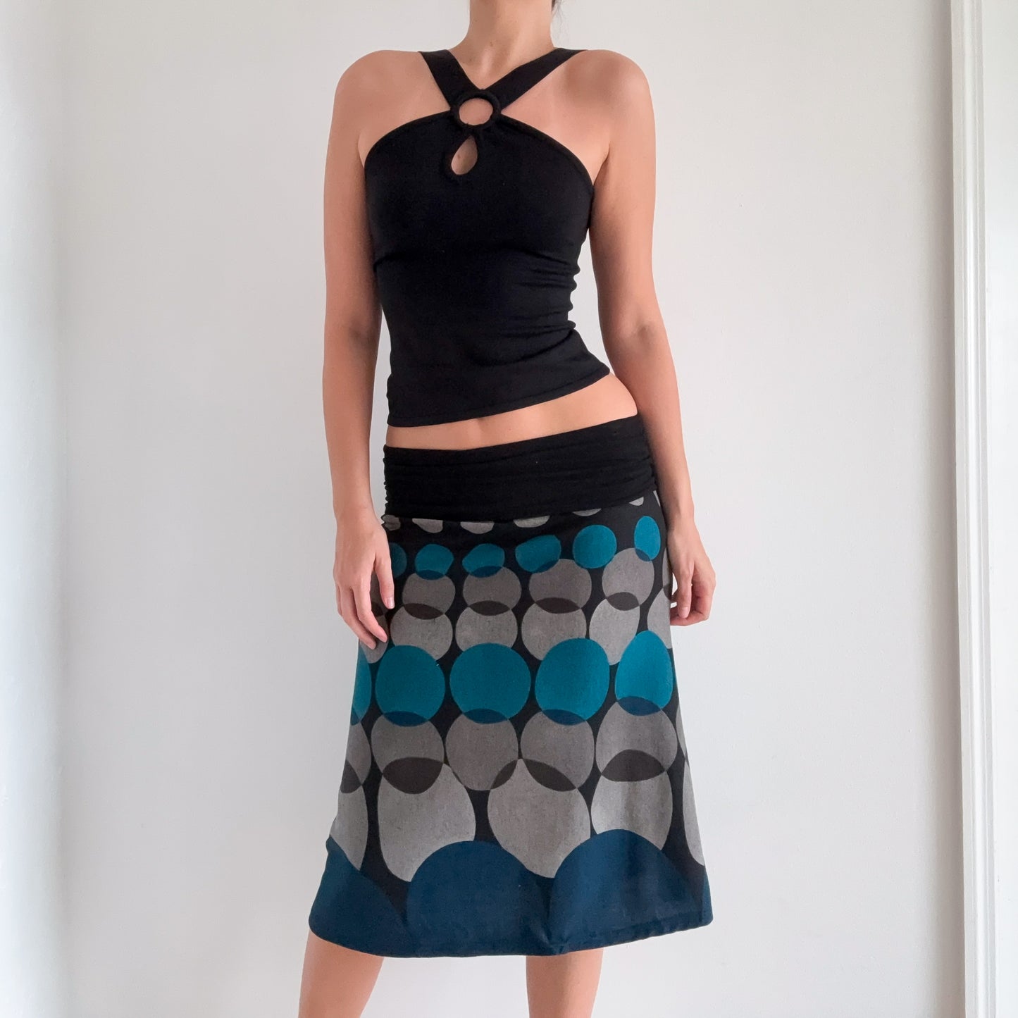 Y2K Teal & Black Dot Foldover Midi Skirt / SZ S/M
