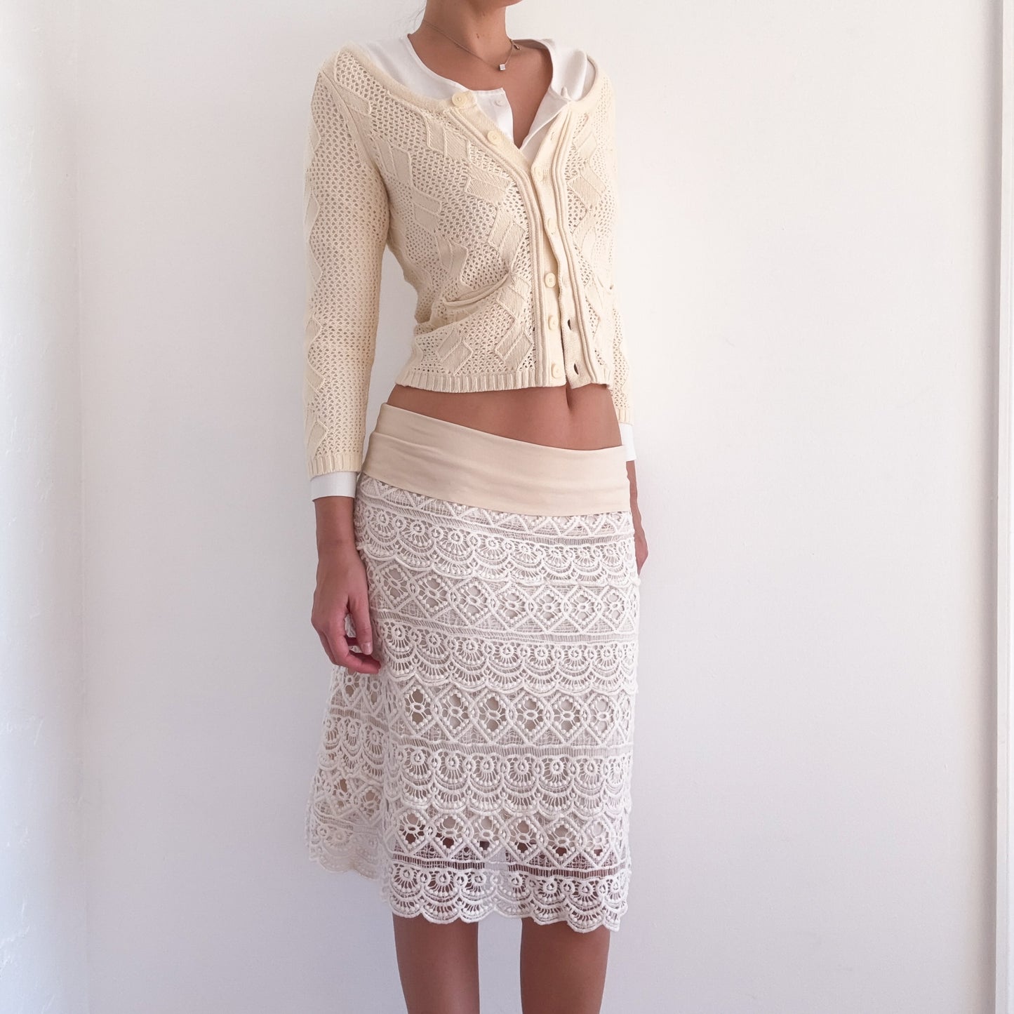 Y2K Cream Crochet Foldover Midi Skirt / SZ M