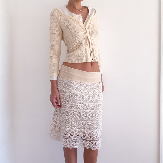 Y2K Cream Crochet Foldover Midi Skirt / SZ M