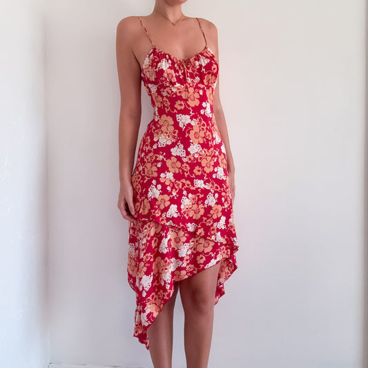 Y2K Red & Orange Rayon Floral Midi Dress / SZ S-M