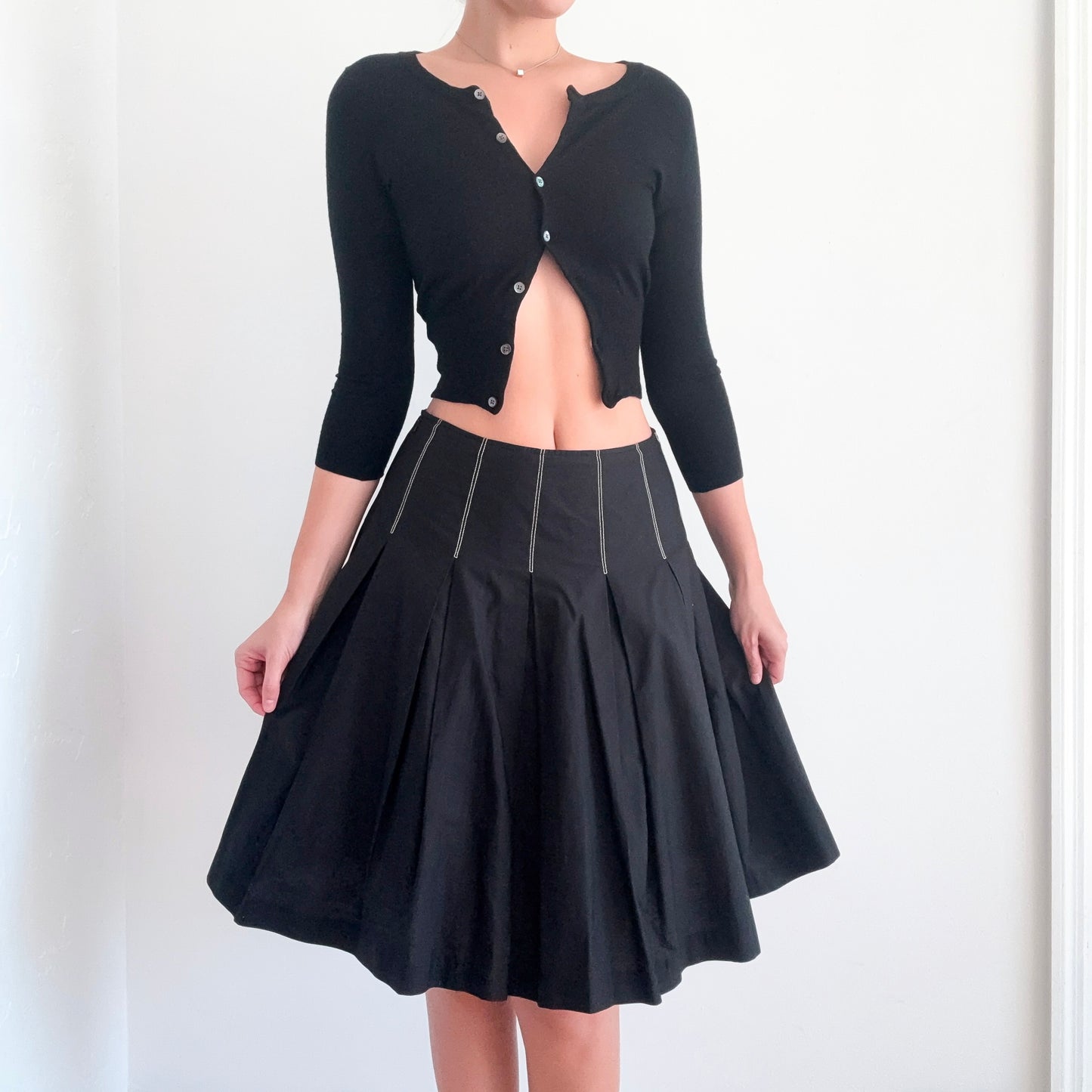 Y2K Black Cotton Contrast Pleated Midi Skirt / SZ 4