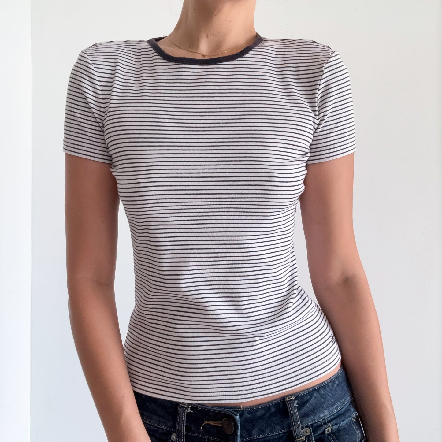 Y2K White & Black Striped Cotton Tee / SZ XS/S