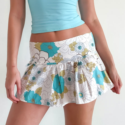 Y2K White & Teal Floral Pleated Mini Skirt / SZ 8