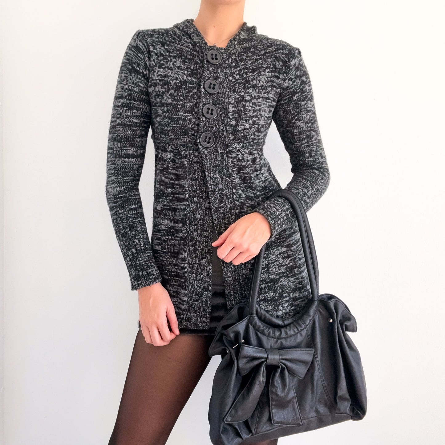 Y2K Grey Speckled Knit Hooded Babydoll Cardigan / SZ S