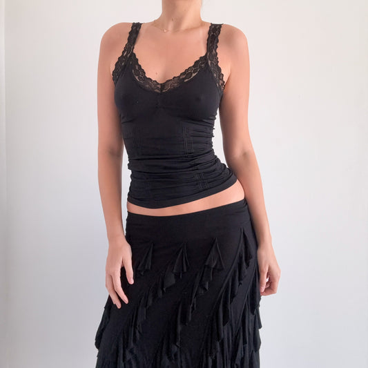 Y2K Black Stretch Ruched Lace Tank / SZ XS-M
