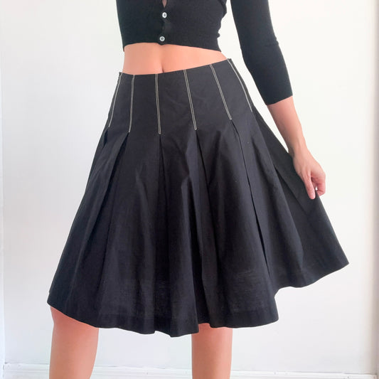 Y2K Black Cotton Contrast Pleated Midi Skirt / SZ 4