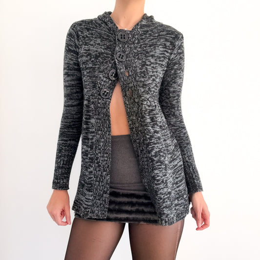 Y2K Grey Speckled Knit Hooded Babydoll Cardigan / SZ S