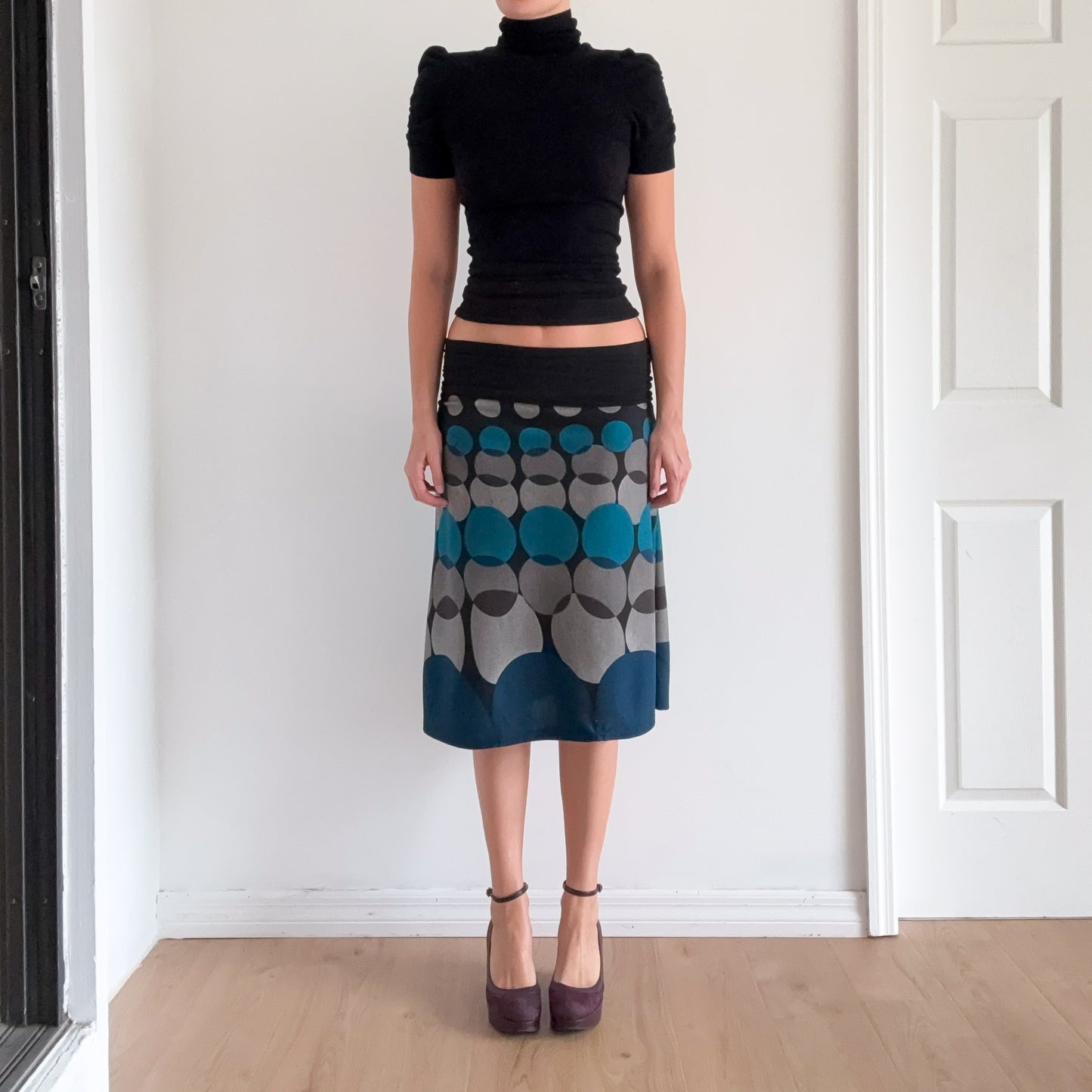Y2K Teal & Black Dot Foldover Midi Skirt / SZ S/M