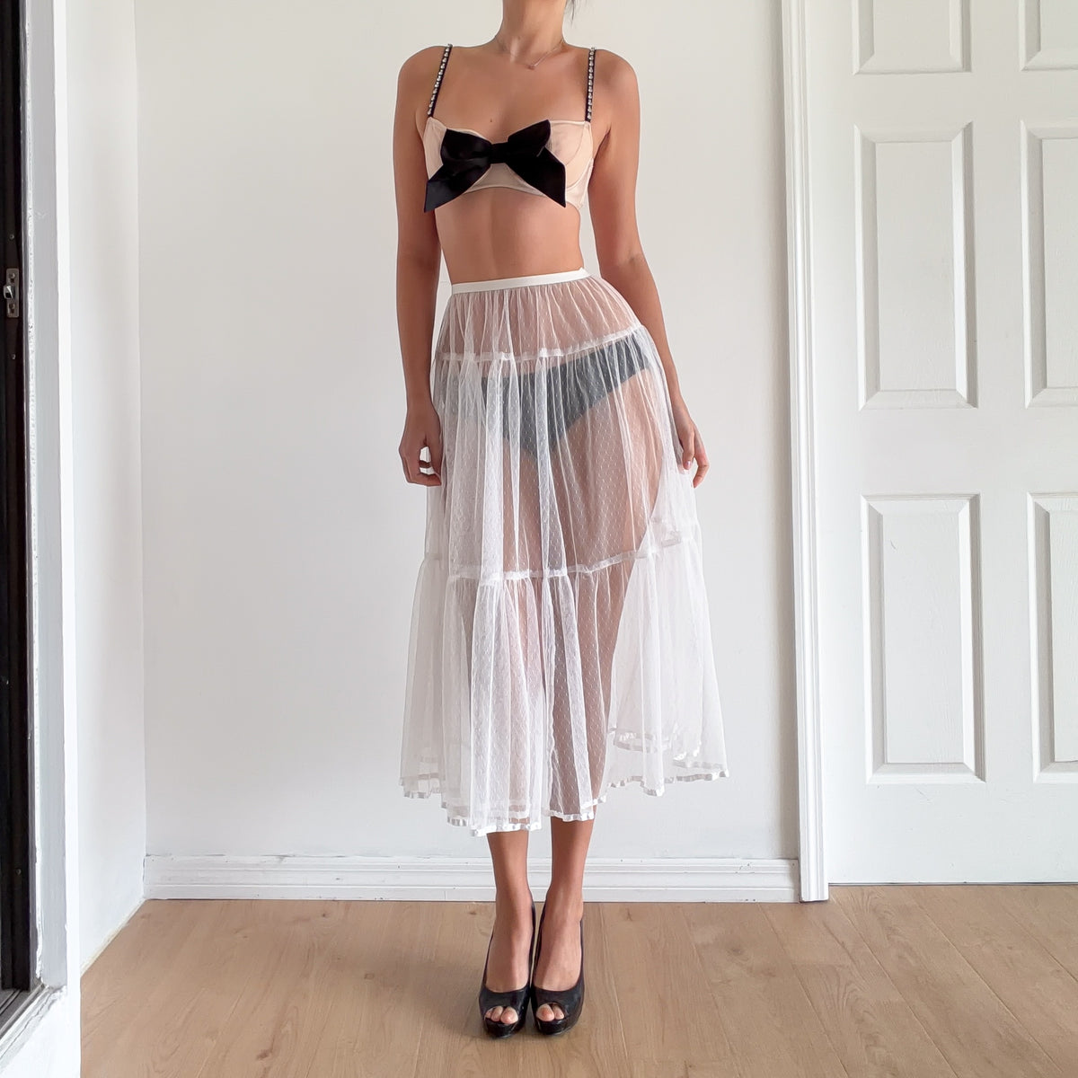 80's White Dot Petticoat Skirt / SZ XS-S
