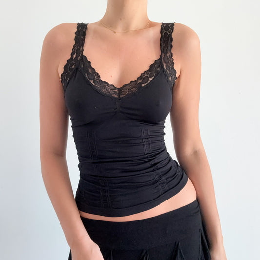 Y2K Black Stretch Ruched Lace Tank / SZ XS-M