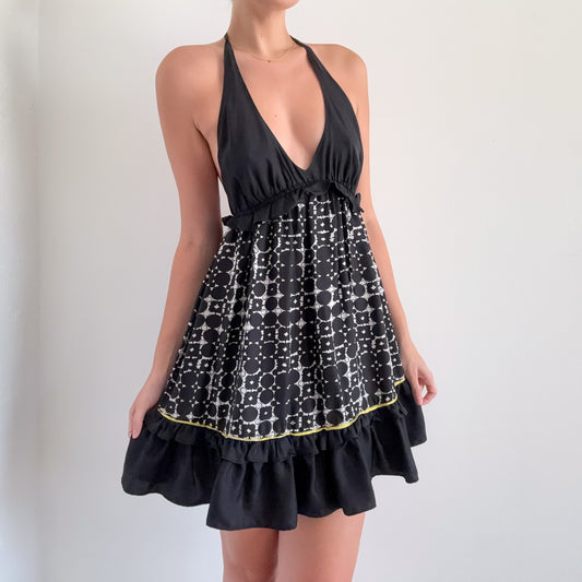 2010's B&W Printed Silk Halter Dress / SZ M