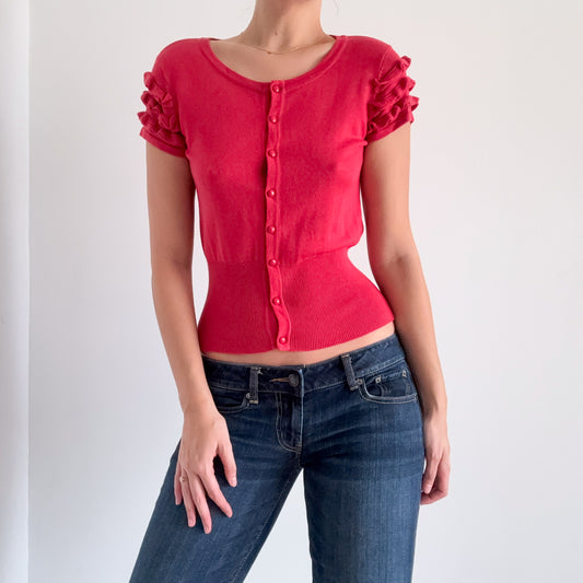Y2K Strawberry Ruffle Knit Cardigan / SZ S