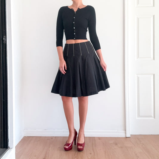 Y2K Black Cotton Contrast Pleated Midi Skirt / SZ 4