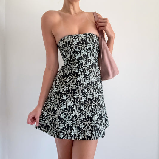 Y2K Black & Blue Floral Cotton Mini Dress / SZ 0/2