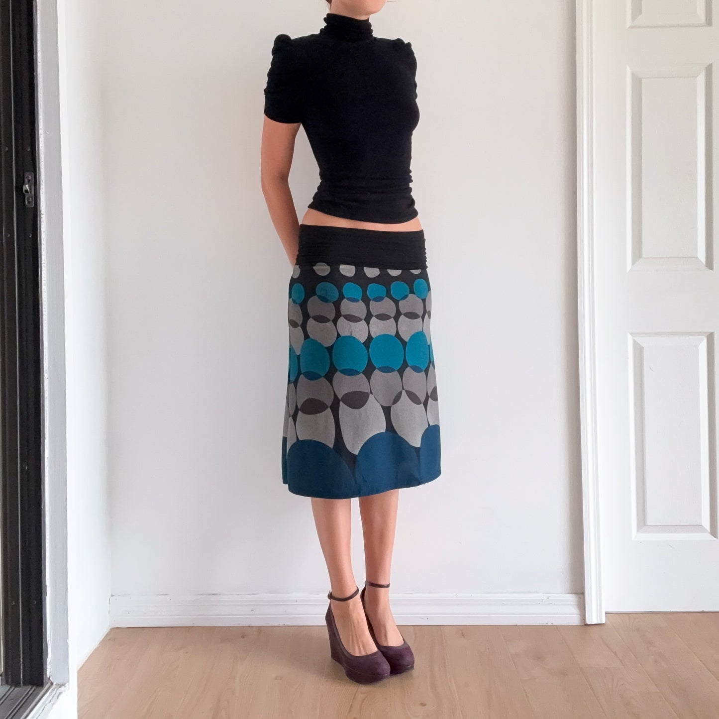 Y2K Teal & Black Dot Foldover Midi Skirt / SZ S/M