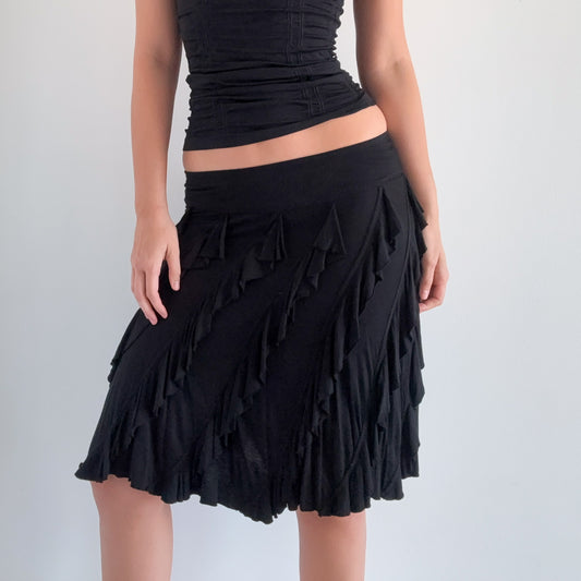 Y2K Black Modal Ruffle Midi Skirt / SZ S-M