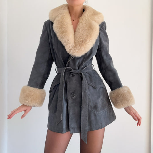 70's Stone Blue Suede Fur Coat / SZ M