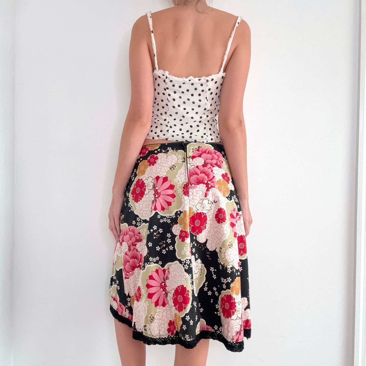 Y2K Black Floral Cotton Midi Skirt / SZ S-M