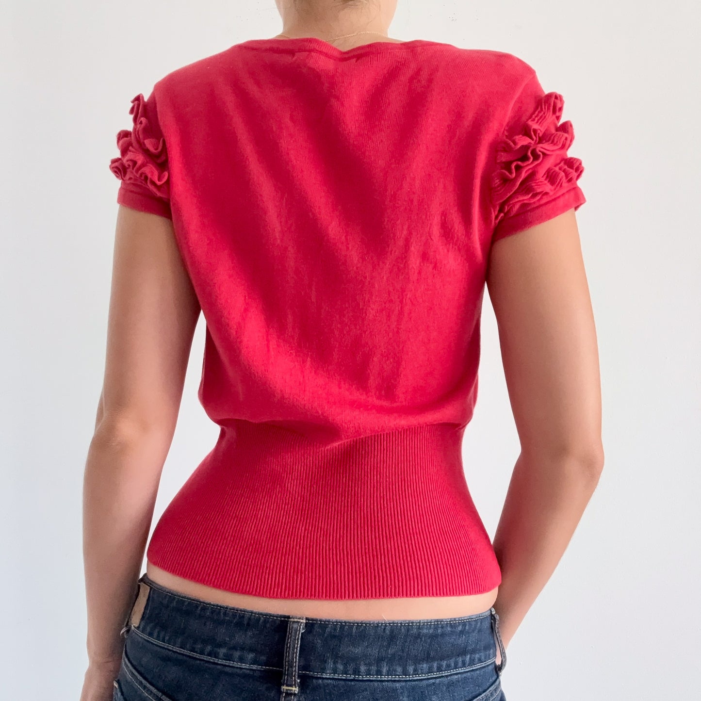 Y2K Strawberry Ruffle Knit Cardigan / SZ S
