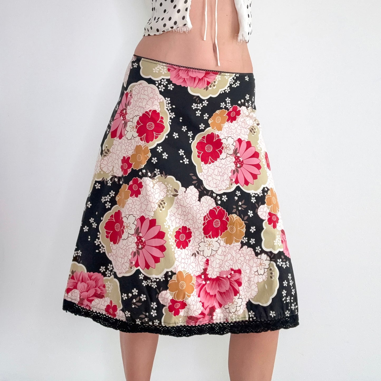 Y2K Black Floral Cotton Midi Skirt / SZ S-M