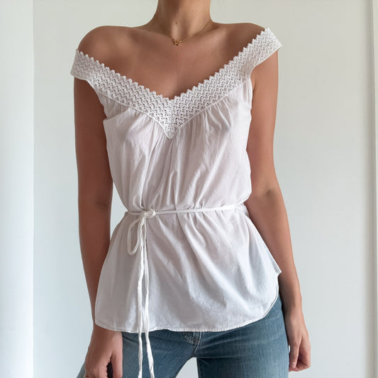 Y2K White Cotton Tie Top / SZ M/L
