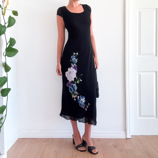 90's Black & Purple Floral Rayon Maxi Dress / SZ M
