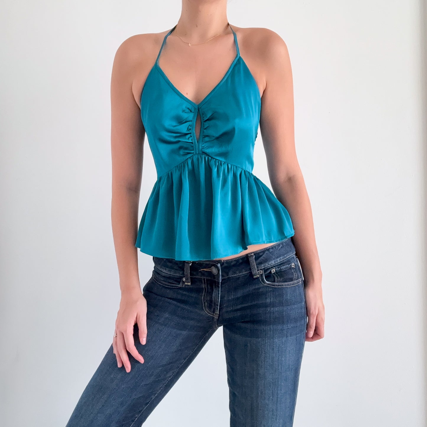 Y2K Teal Satin Halter Peplum Top / SZ S