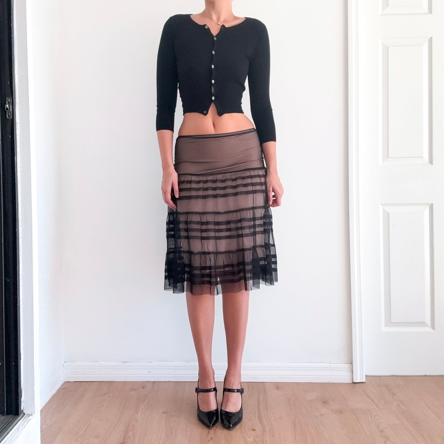 Y2K Black & Nude Pleated Mesh Midi Skirt / SZ S-M