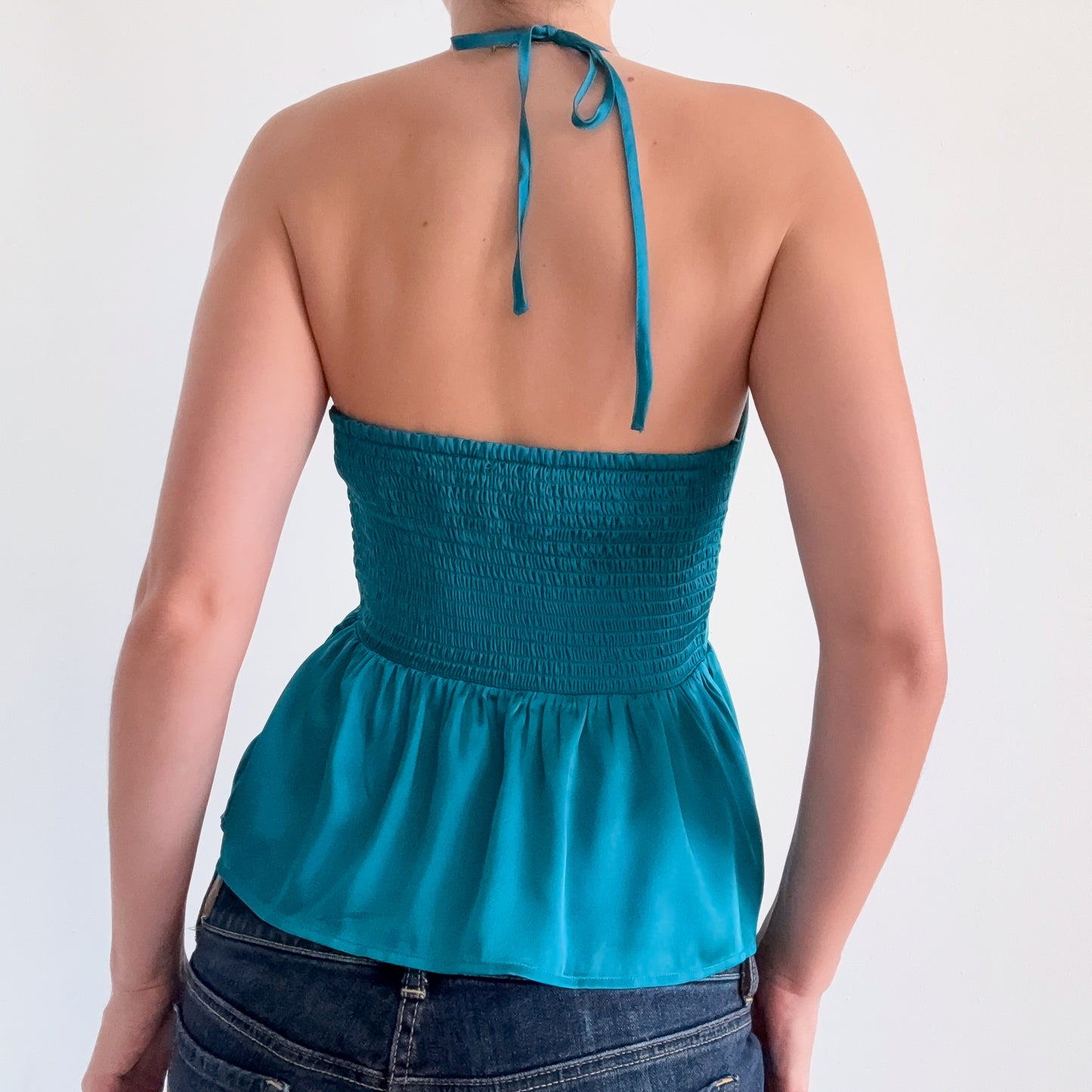 Y2K Teal Satin Halter Peplum Top / SZ S