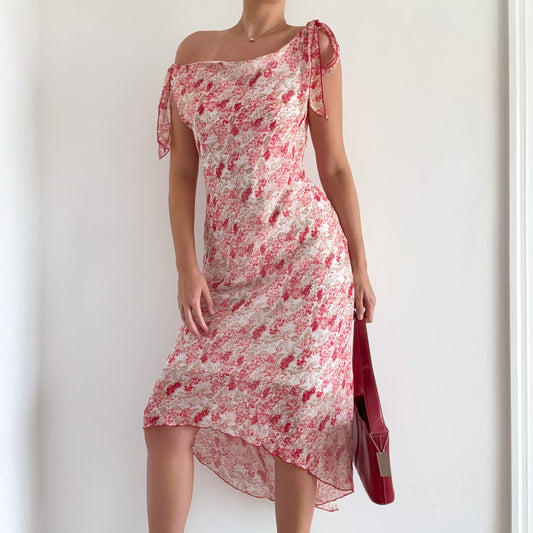 Y2K Red Floral Chiffon Midi Dress / SZ M